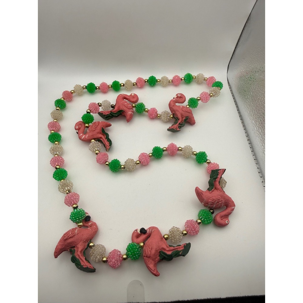 Vintage Pink Flamingo Beaded Necklace Tropical Kitsch Luau Party Costume Jewelry